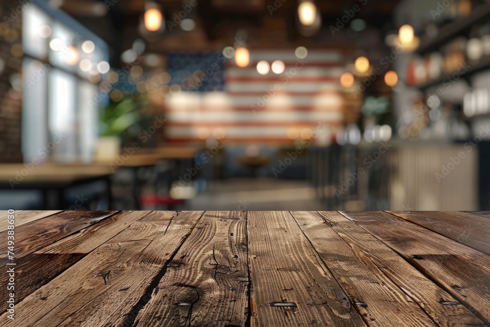 Weathered wooden table with a blurred American flag background in a dimly lit vintage setting. Wood table with American flag background Weathered wooden table with a blurred American flag background in a dimly lit vintage setting. Wood table with American flag background