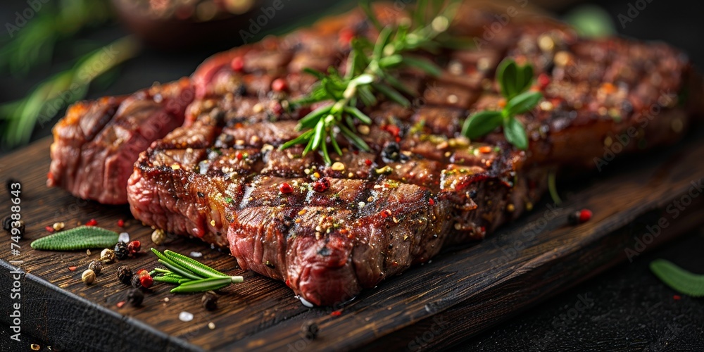 Delicious steak cooked to perfection, garnished with rosemary and pepper and served on a wooden board.