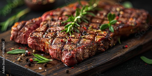 Delicious steak cooked to perfection, garnished with rosemary and pepper and served on a wooden board.