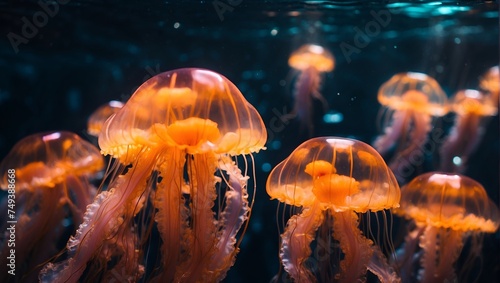 Graceful Orange jellyfish illuminated by sunlight under the sea
