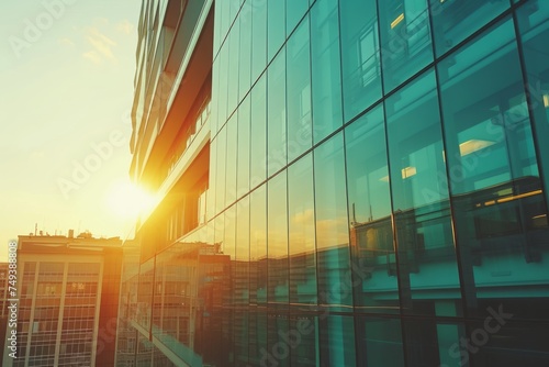 Close-up view of modern office building with glass walls against the blue sky and bright setting sun. Contemporary architecture of commercial buildings.