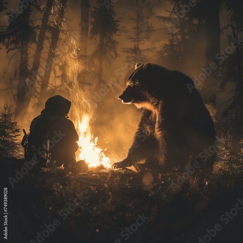 Dramatic Bear Encounter. Silhouette Campfire Glow Capturing the Intensity of Wilderness Encounters Perfect Image for Adventure Seekers and Nature Enthusiasts