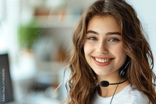 A happy call center girl holding a microphone in front. Generative Ai