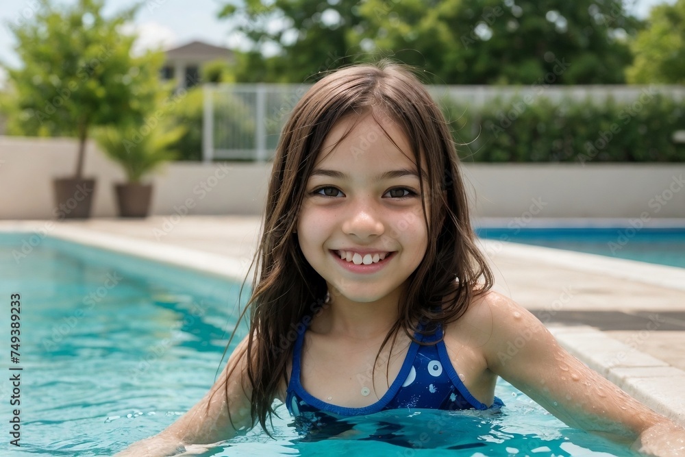 Cute girl in swimming pool on summer vacation, smiling and looking at the camera, copy space.