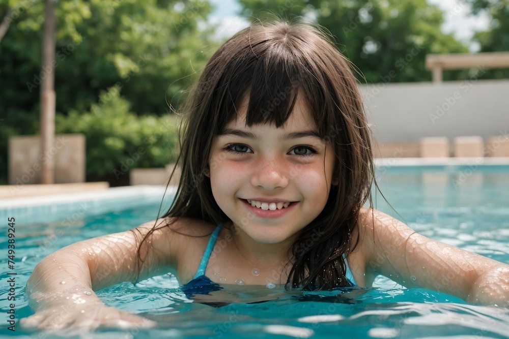Cute girl in swimming pool on summer vacation, smiling and looking at the camera, copy space. Cute girl in swimming pool on summer vacation, smiling and looking at the camera, copy space.