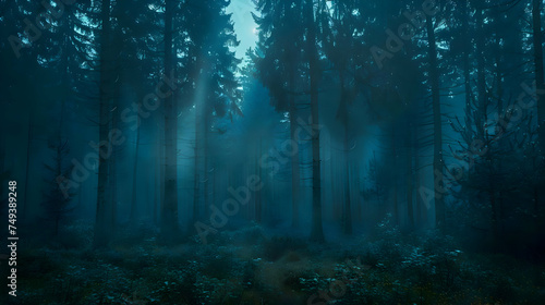 Misty forest cinematic photo. High quality