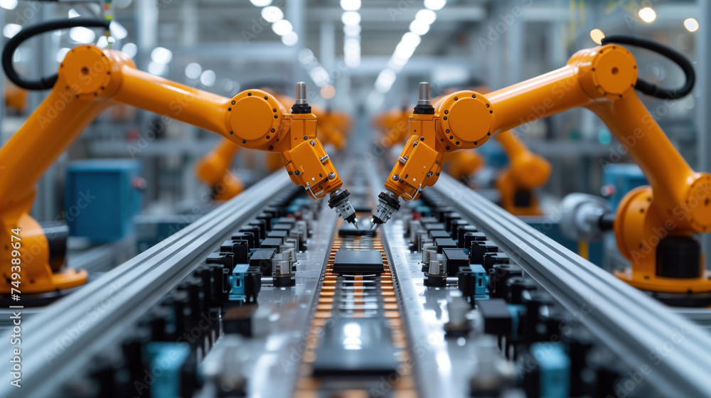 High precision robotics working on an assembly line in an electronics manufacturing factory. High precision robotics working on an assembly line in an electronics manufacturing factory.