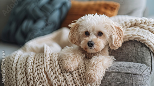 A Maltipoo dog relaxing on the sofa in the apartment