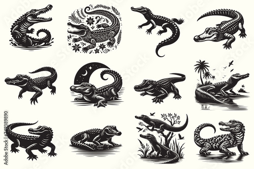 Alligator silhouette Vector Illustration Set
