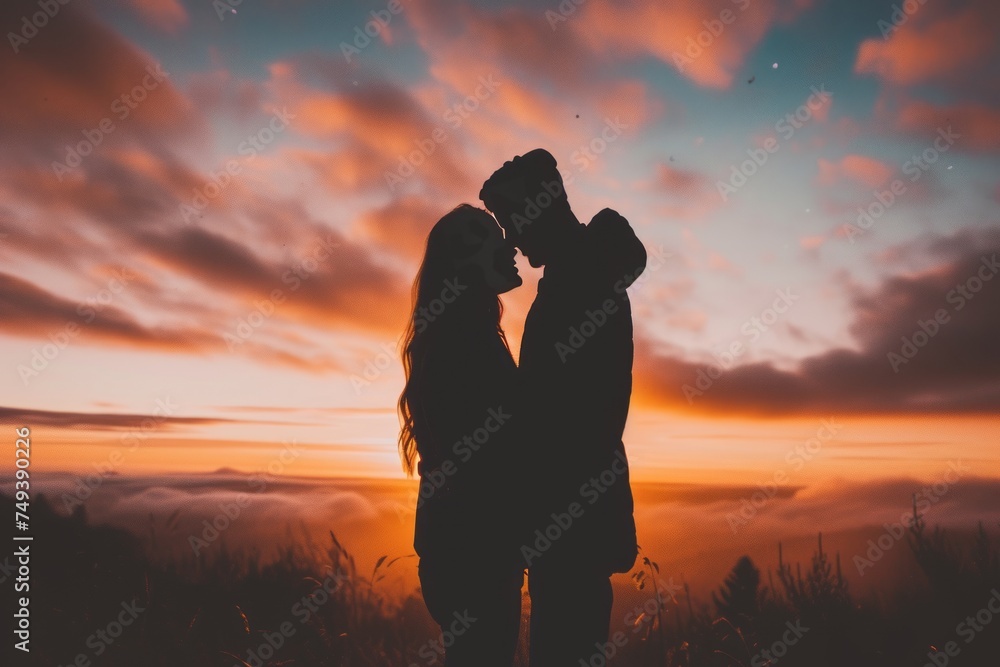 Silhouette of beautiful young couple in love on a vast flowering meadow under the night starry sky. Man and woman hugging and kissing in the rays of the setting sun. True romance.