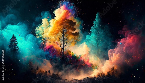 color smoke in the forest