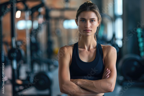 Confident female personal trainer with arms crossed in gym