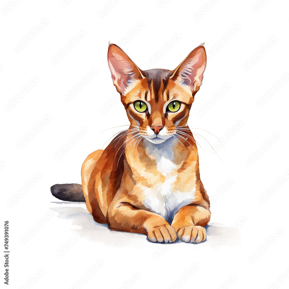 Abyssinian cat watercolor illustration, cute cat breed, cat pet clipart  
