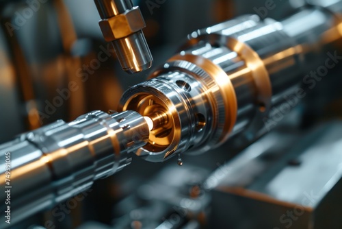 Close-up view of a modern hi-tech manufacturing machine at an automotive factory. High-precision robotic equipment for the production of modern car parts. Cutting edge Automotive Technologies.