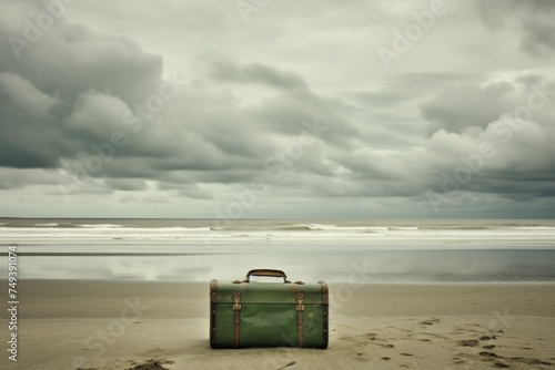 Sandy beach view with a suitcase  slates  and human footprints leading towards the sea