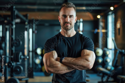 Confident male personal trainer with arms crossed in gym
