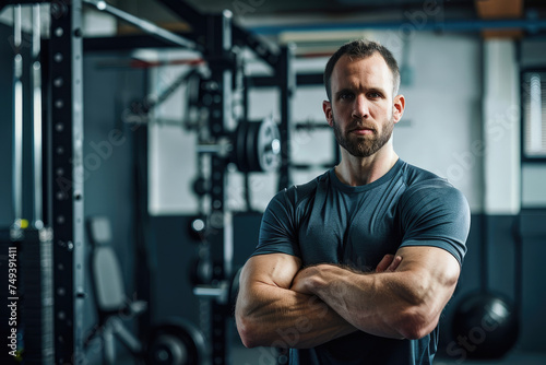 Confident male personal trainer with arms crossed in gym