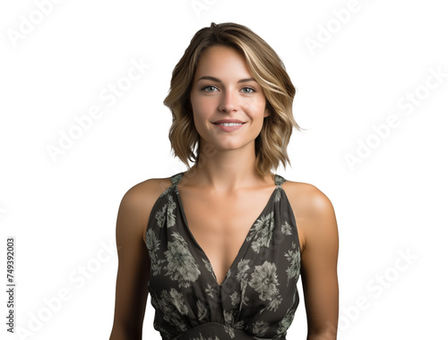 portrait of elegant natural woman in cocktail dress, smiling gorgeous lady