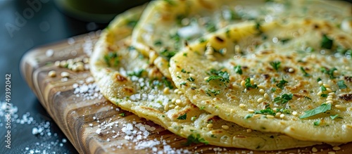 A detailed view of a plate filled with Sicilian street food known as pane e panelle, which consists of chickpea flour and parsley pancakes seasoned with salt, lemon, and sesame seeds. photo