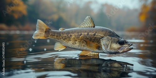 A trophy bass jumps at the water's surface, lured by the angler's bait in the evening. photo
