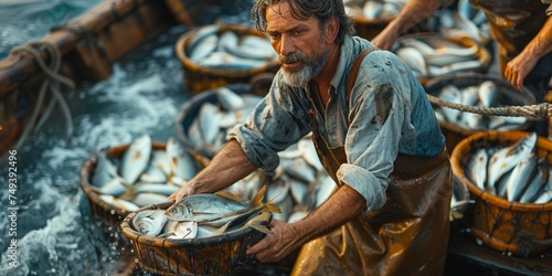 An exhausted fisherman in a wet uniform, embodying the fishing industry's challenges and traditions.