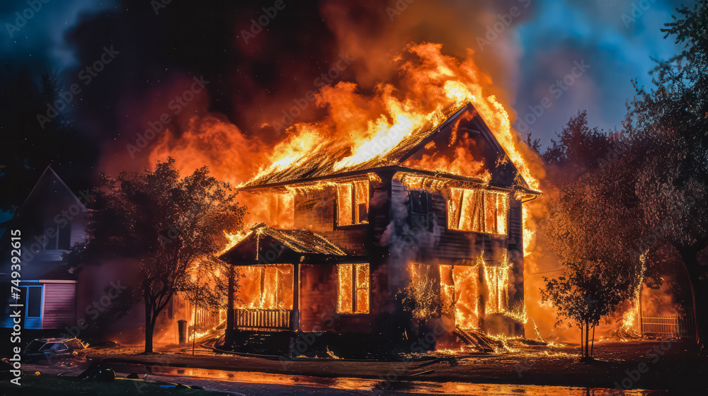 A wooden house or barn ablaze in the darkness of night A wooden house or barn ablaze in the darkness of night