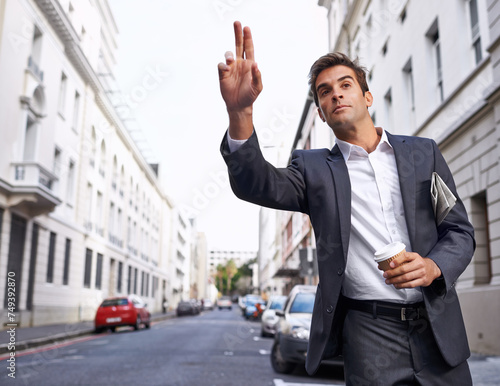 Business travel, man and taxi hand sign in a city street for morning commute, signal or gesture outdoor. Finger, emoji or lawyer with symbol for metro transportation, cab or bus, service or chauffeur photo
