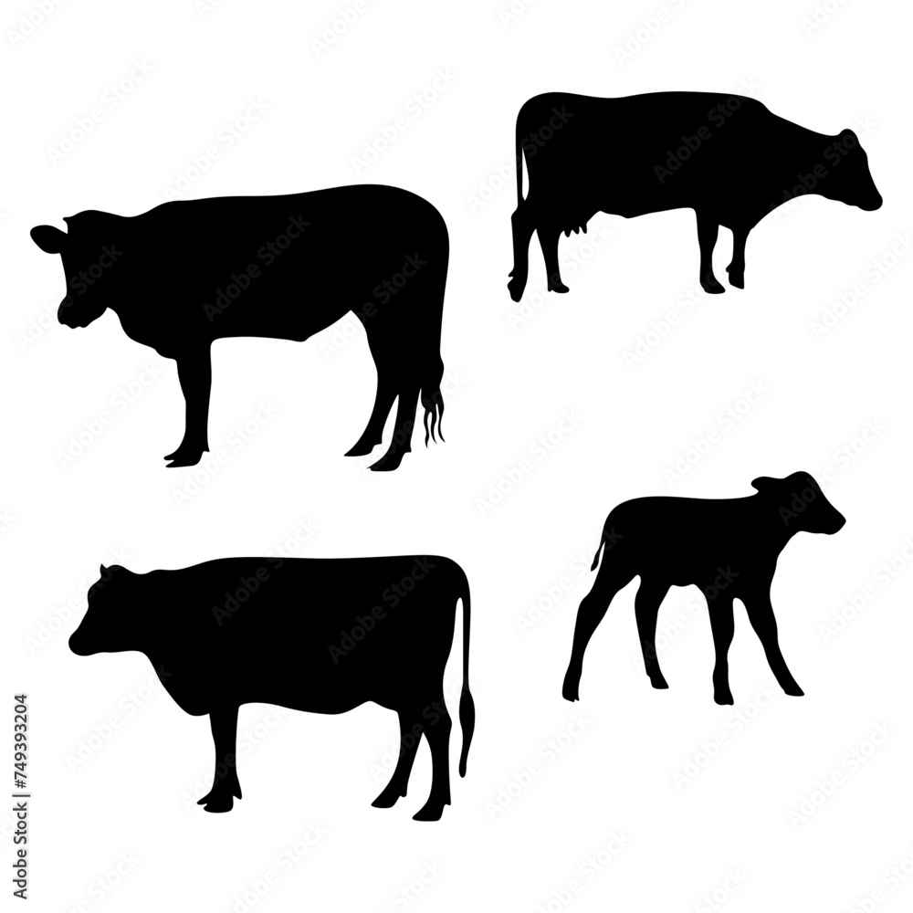 Silhouette of cow animal set. Vector cow silhouette black and white cows icons.
