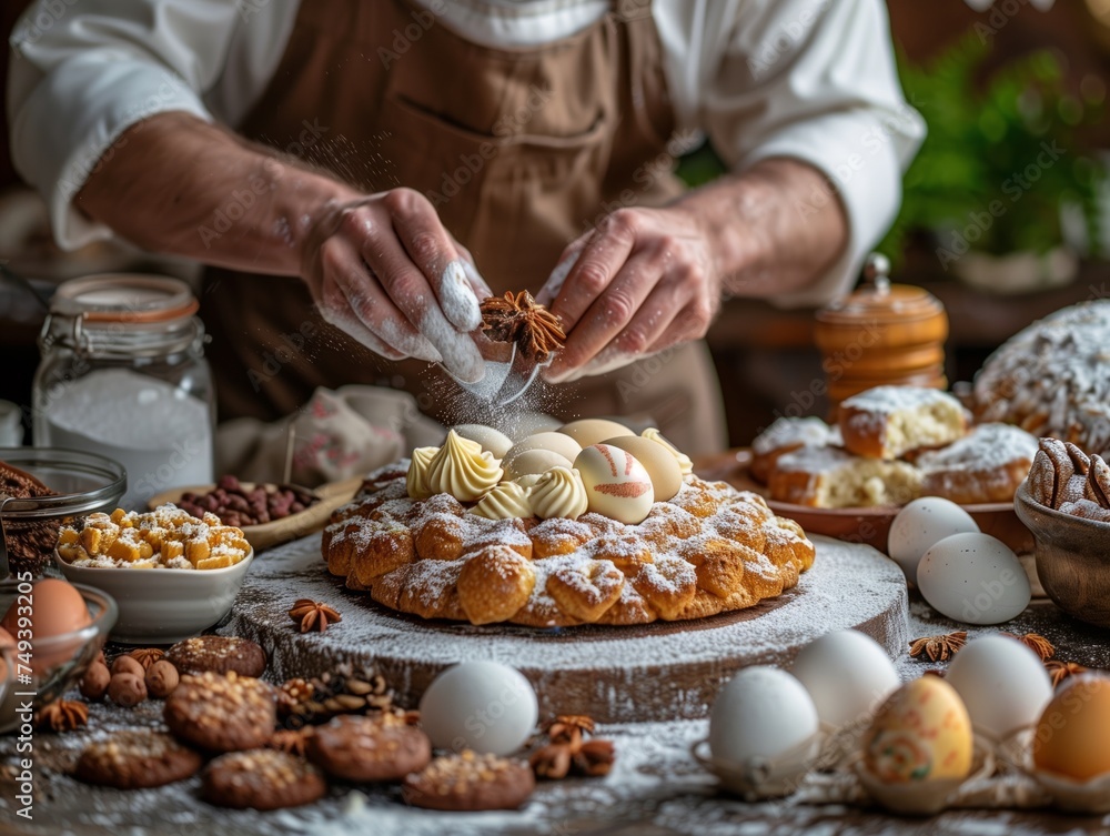 A chef making pastries with Easter eggs on the table