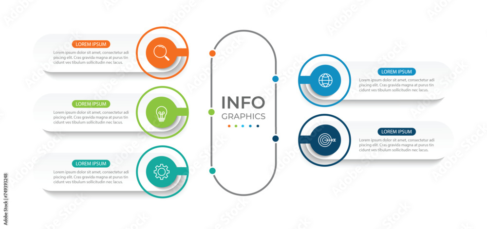 Modern infographic template. Creative circle element design with marketing icons. Business concept with 5 options, steps, sections.