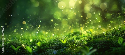 A close-up view of a vast field of vibrant green grass covered in glistening dew drops, creating a refreshing and invigorating sight in the early morning light. © 2rogan