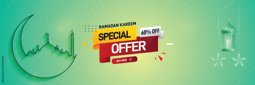 Ramadan special discount banner design template. Sheri and iftar discount offer banner, poster, social media post etc. Ramadan kareem background design. 