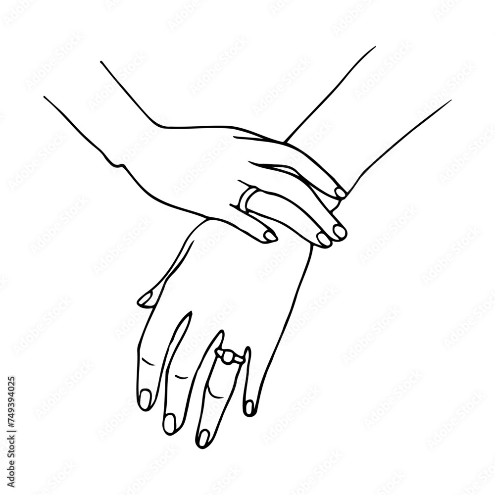 Obraz premium women's graceful hands with rings on the ring fingers. hands of the bride sketch