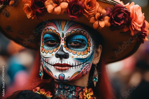 D?a de los Muertos festival in Latin American countries. People organize carnivals, decorate altars with marigolds, wear themed costumes and put on appropriate makeup