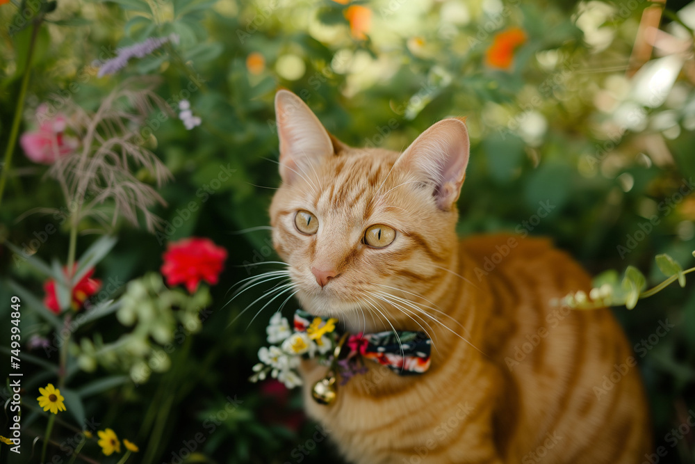 Orange tabby cat, ring bearer, with a wedding ring attached to its collar Orange tabby cat, ring bearer, with a wedding ring attached to its collar