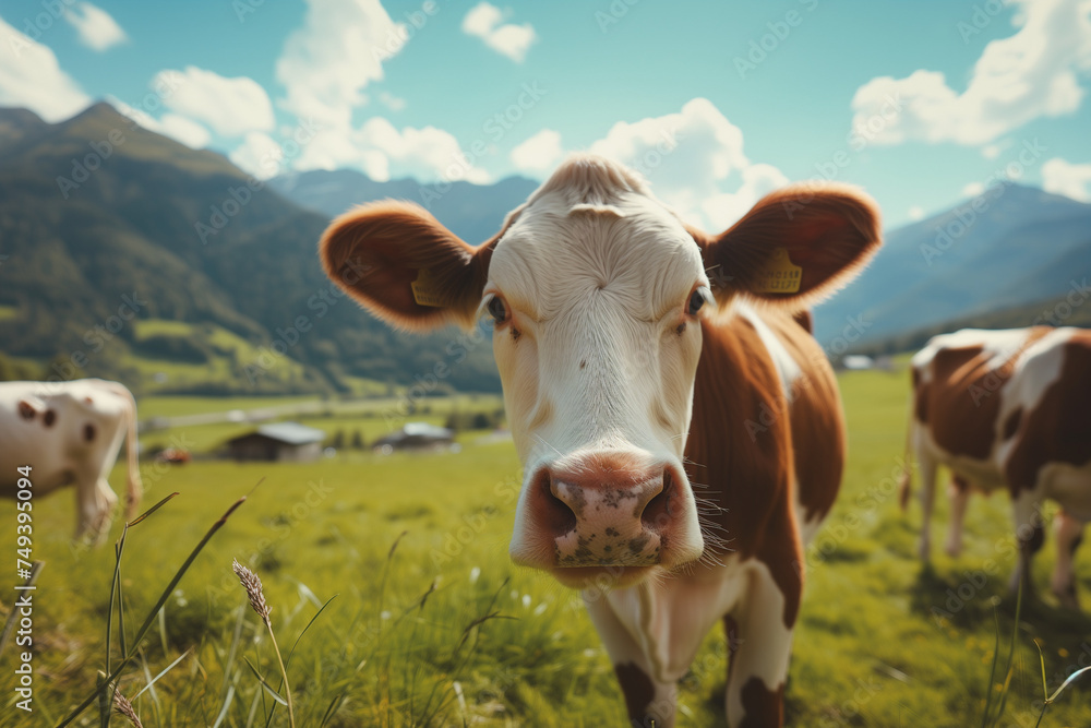 Curious cow standing in green pasture in mountains Curious cow standing in green pasture in mountains