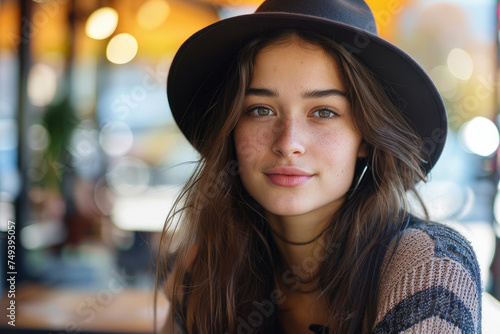 Portrait of attractive young woman sitting and chilling at a the outdoor coffee shop