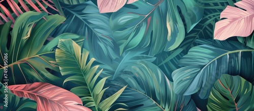 A close-up view of a green and pink wallpaper adorned with lush tropical leaves  creating a vibrant and eye-catching display. The detailed design showcases the intricate patterns and textures of the