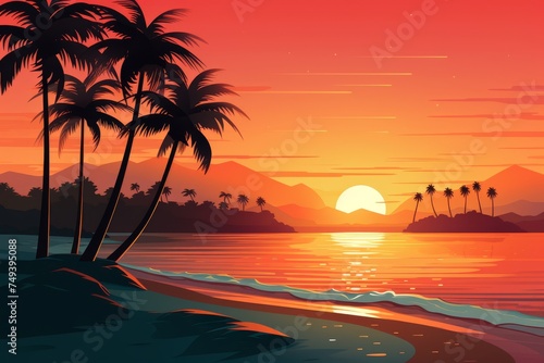 Tropical beach paradise with palm trees on serene lagoon, relaxing summer vacation destination © Ksenia Belyaeva
