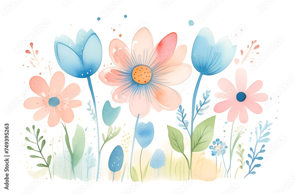 Watercolor flower set, delicate flowers, greeting card template, retro style Watercolor flower set, delicate flowers, greeting card template, retro style