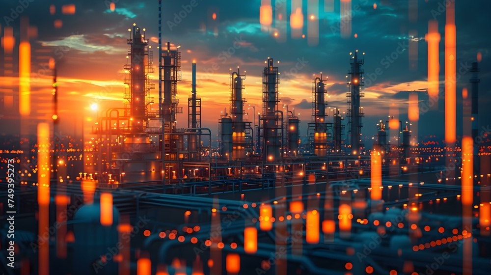 Fototapeta premium Industrial oil and gas facility with storage tanks and price chart backdrop. Concept Oil and Gas Industry, Industrial Facility, Storage Tanks, Price Chart, Backdrop