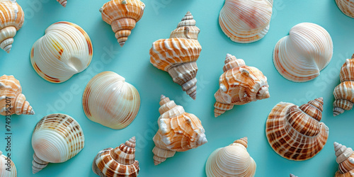 Various seashells arranged on a vibrant turquoise background from a top view perspective, creating a flat lay composition