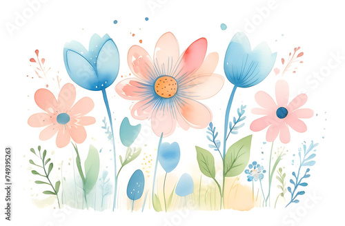 Watercolor flower set, delicate flowers, greeting card template, retro style