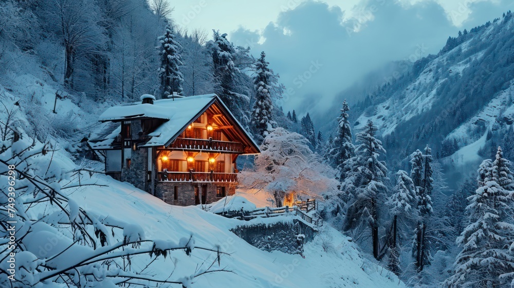 the beauty of a Mountain Chalet nestled in a snowy alpine landscape, blending rustic charm with mountain living