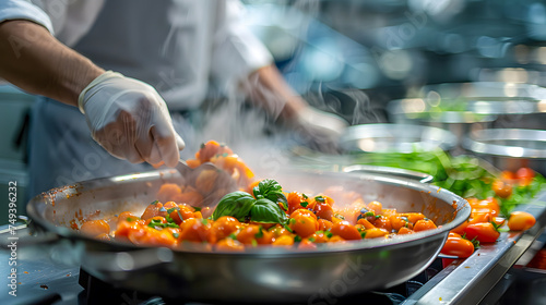 A chef garnishes a sizzling pan of fresh tomato sauce with basil in a professional kitchen. photo