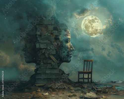 Gentle zephyrs whisper through a two-faced realm, where celestial wooden chairs offer solace