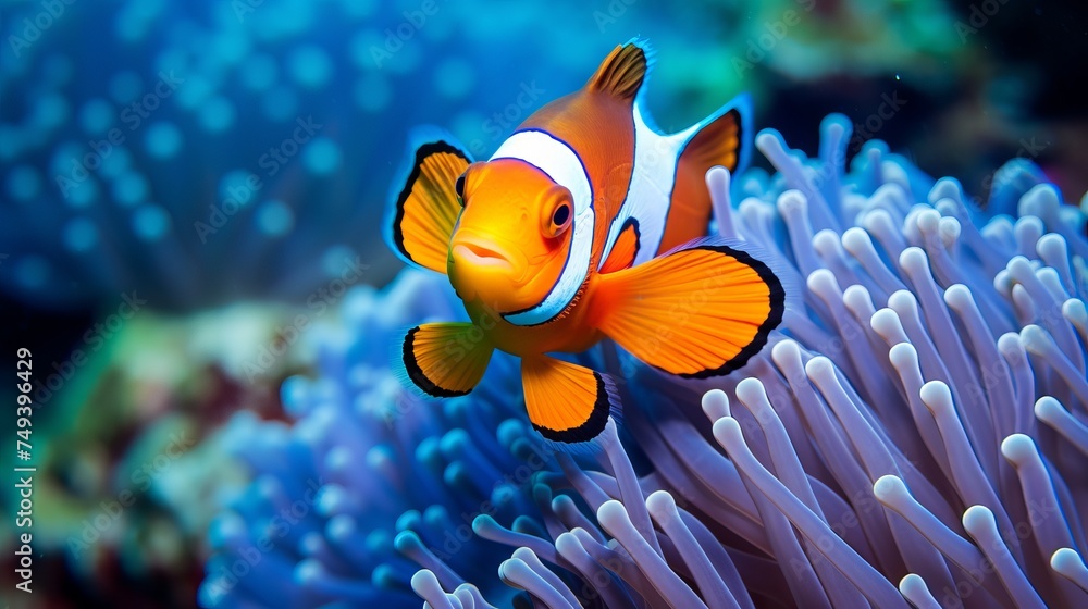 A clown anemonefish in colorful anemone - obrazy, fototapety, plakaty 
