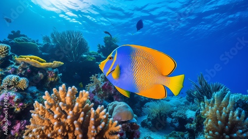 A colorful Queen Angelfish glides through a diverse coral reef, showcasing the rich marine biodiversity