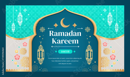 Ramadan kareem background and banner design template with turquoise color for ramadan celebration