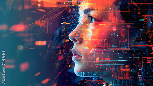 Woman's profile filled with vibrant circuitry graphics against a city backdrop.